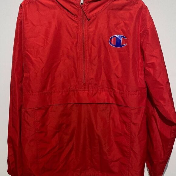 Champion Men's Half Zip Logo Pullover Red Hooded Windbreaker Jacket Small - Picture 1 of 9